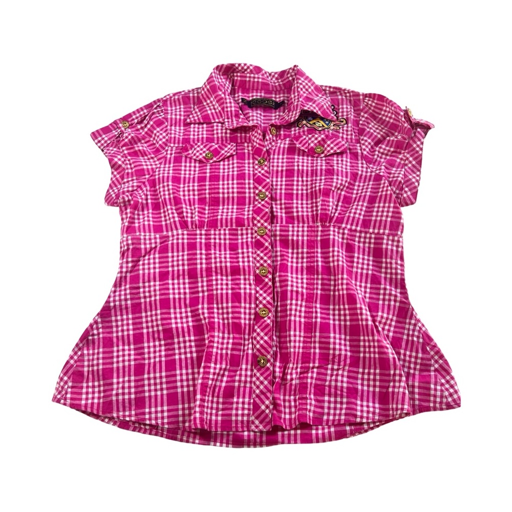 Coogi Womens Pink Plaid Rhinestone Logo Button Down Peplum Shirt 1X‎ Cap Sleeve